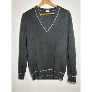 Mens Vtg Mohair Blend Gray V Neck Dad Sweater Preppy Varsity Trim Accents Size M
